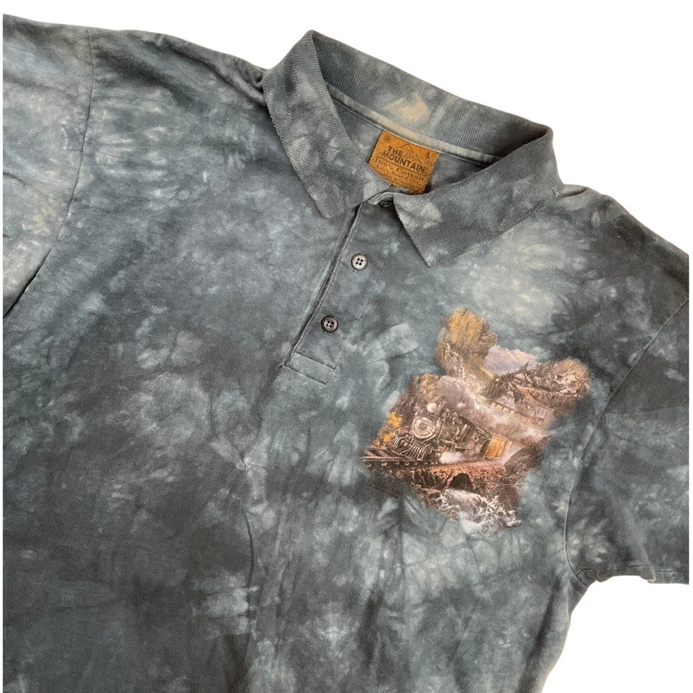 VTG The Mountain Polo Shirt Men's Large Train Locomotive Blue Tie Dye 90s USA